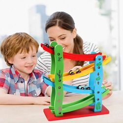 Wooden Car Race Track Ramp Toy for 3+ Year Old Toddler Motor Skills Race Track Wooden Toy with 4 Cars and stable Base Great Montessori Toys Gift for Toddlers.